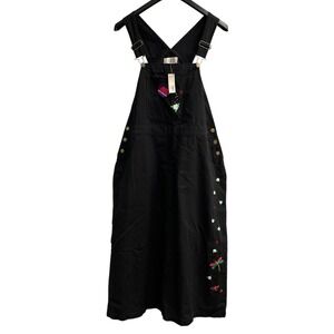 Vintage Mandal Bay Jumper Dress L Black Bib Midi Embroidered Gardening Floral